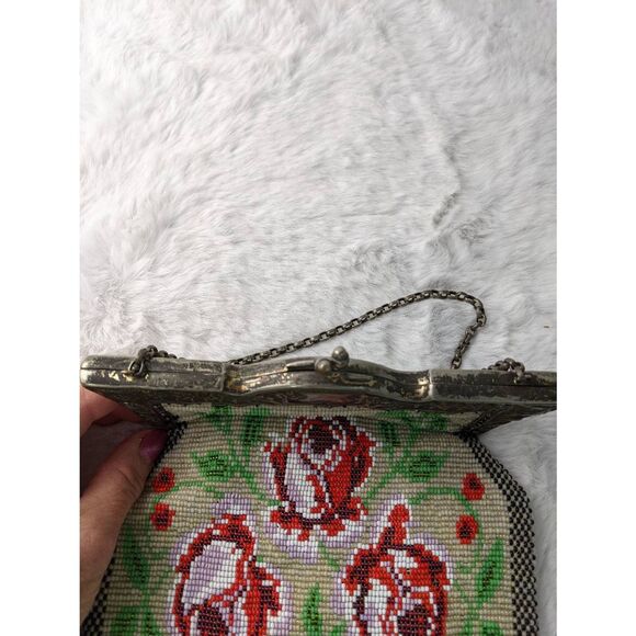 Vintage Mini Purse Sterling‎ Silver Frame Kiss lock Bracket Handle Beaded Floral - Picture 6 of 8